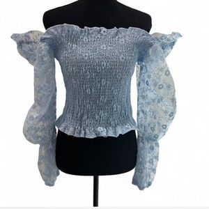 Chic Blue Lace Off-Shoulder Blouse